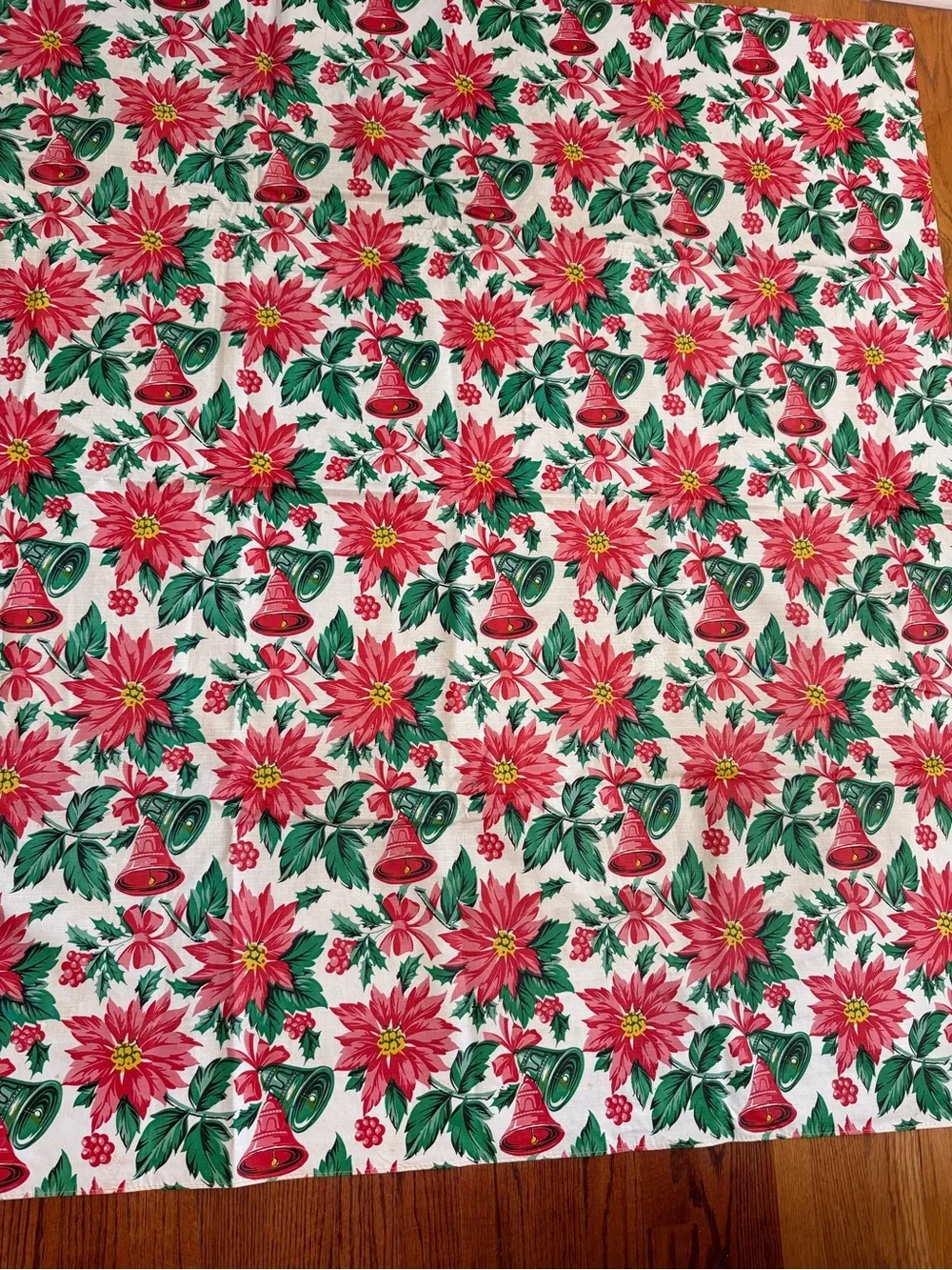 Vintage 1960s vinyl flannel back Christmas tablecloth rectangle 65x51” retro MCM